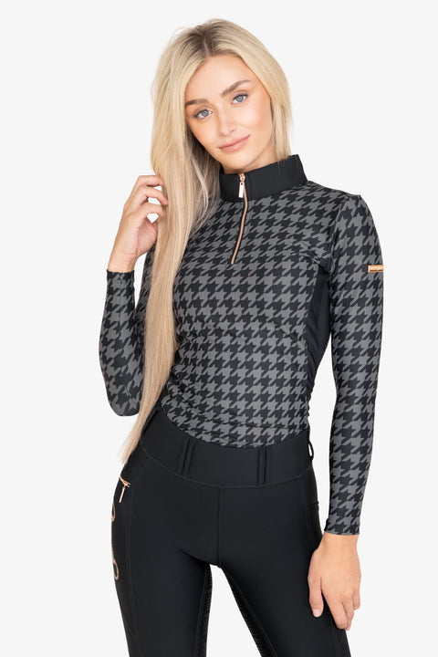 Kylie – Maillot d'équitation manches longues | Noir X Smokey Grey Houndstooth