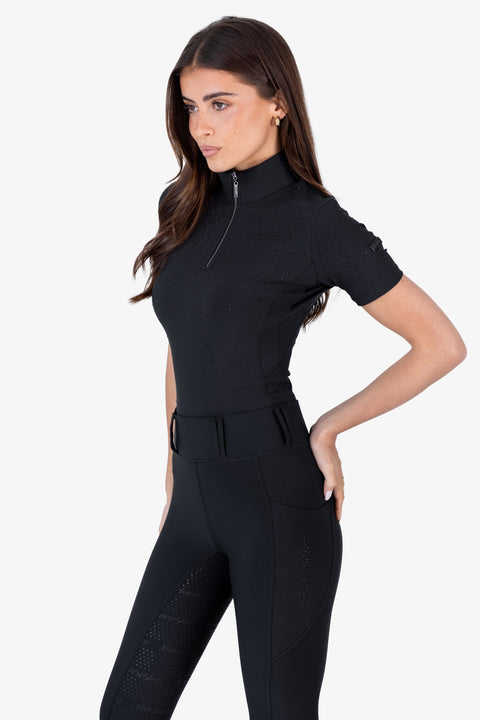 Kylie – Kurzarm-Baselayer | Schwarz mit schwarzen Kristallen