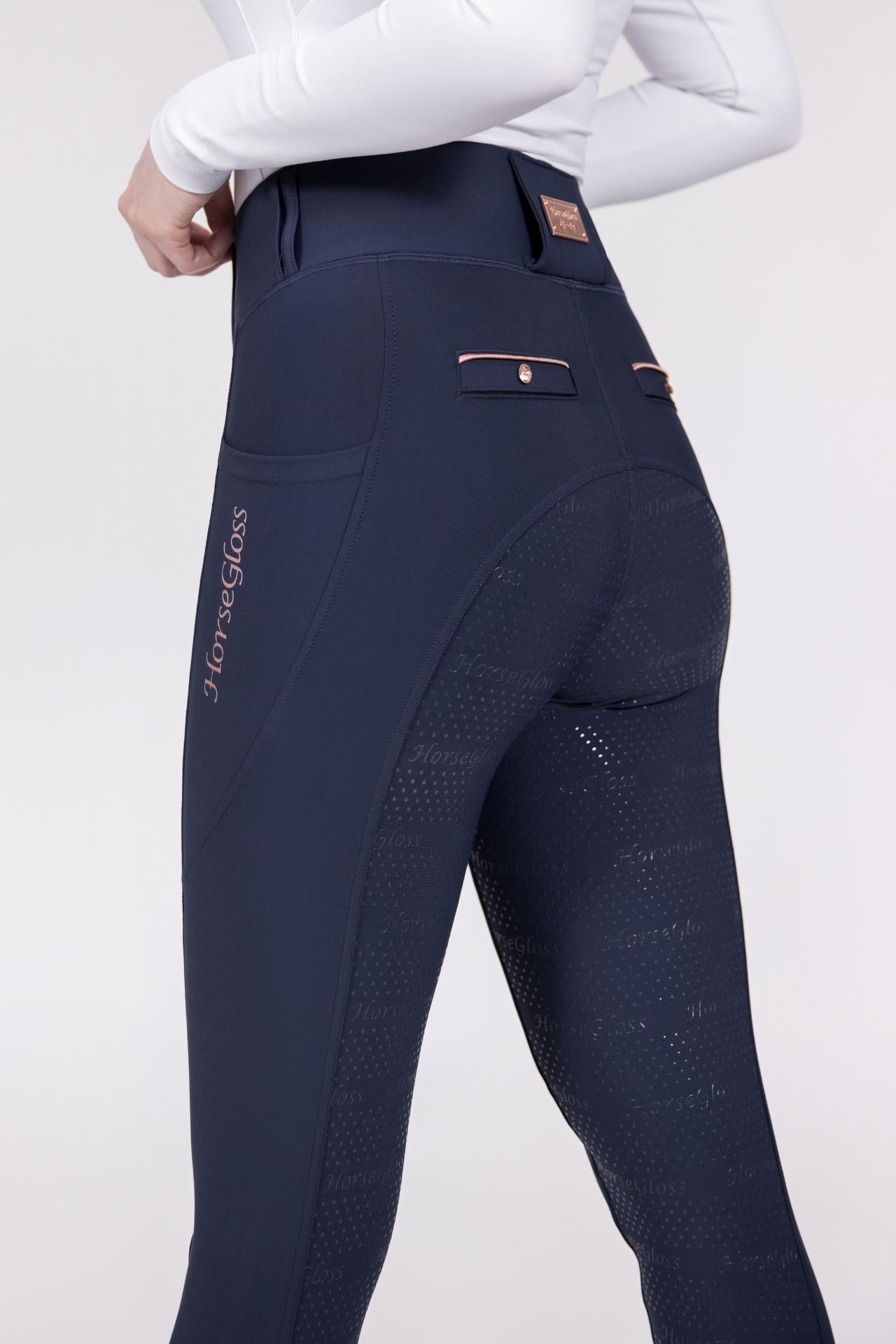 KYLIE - RIDING LEGGINGS  NAVY ''ROSE GOLD'' FULL SEAT SILICONE – HorseGloss